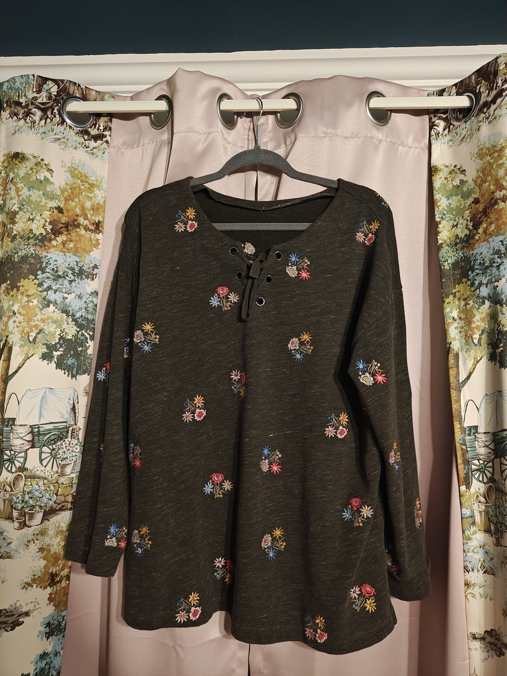 Lace-Up Dark Olive Knit Top with Multicolor Floral Embroidery